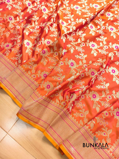 Orange Jamewar Weaved Meena Floral Jaal Banarasi Mashru Silk Saree 