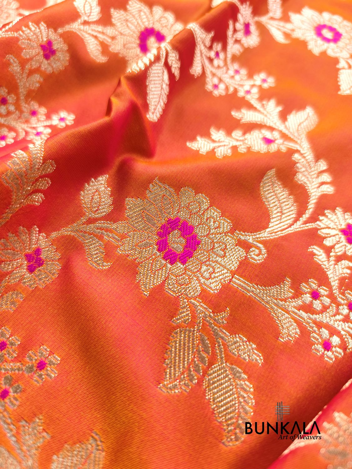 Orange Jamewar Weaved Meena Floral Jaal Banarasi Mashru Silk Saree 