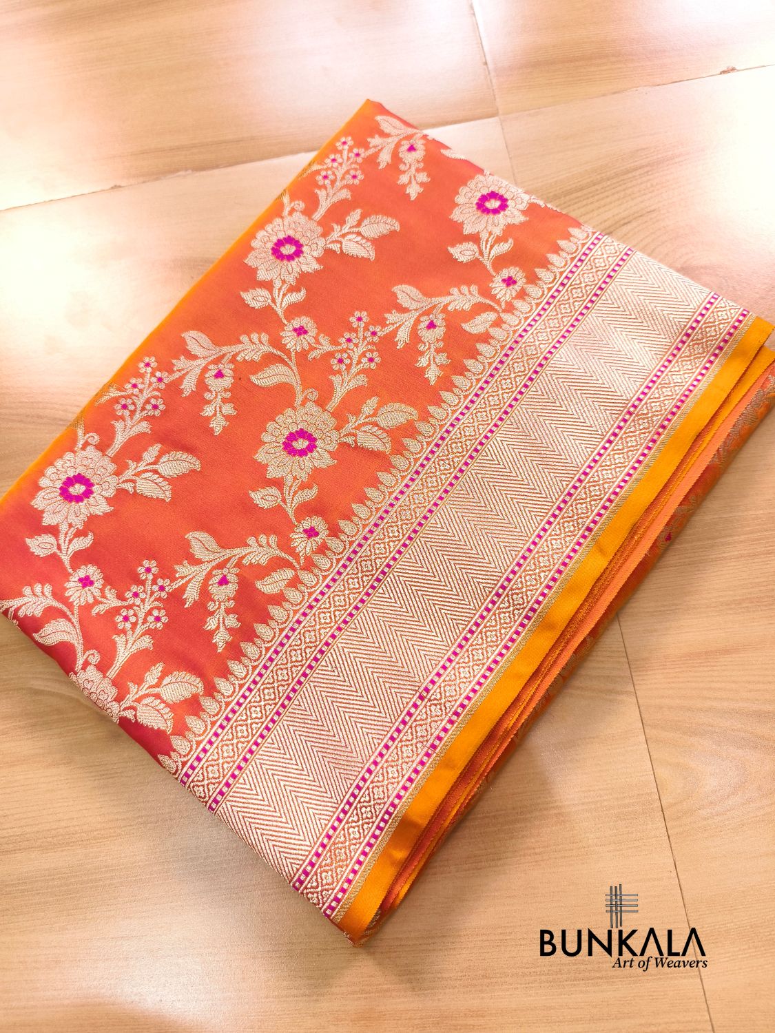 Orange Jamewar Weaved Meena Floral Jaal Banarasi Mashru Silk Saree 