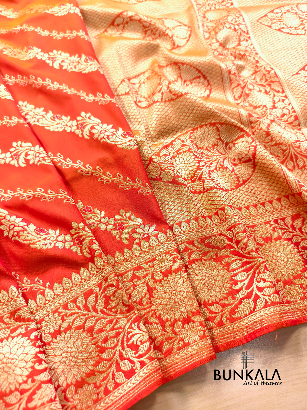 Orange Leheriya Meena Banarasi Silk Saree