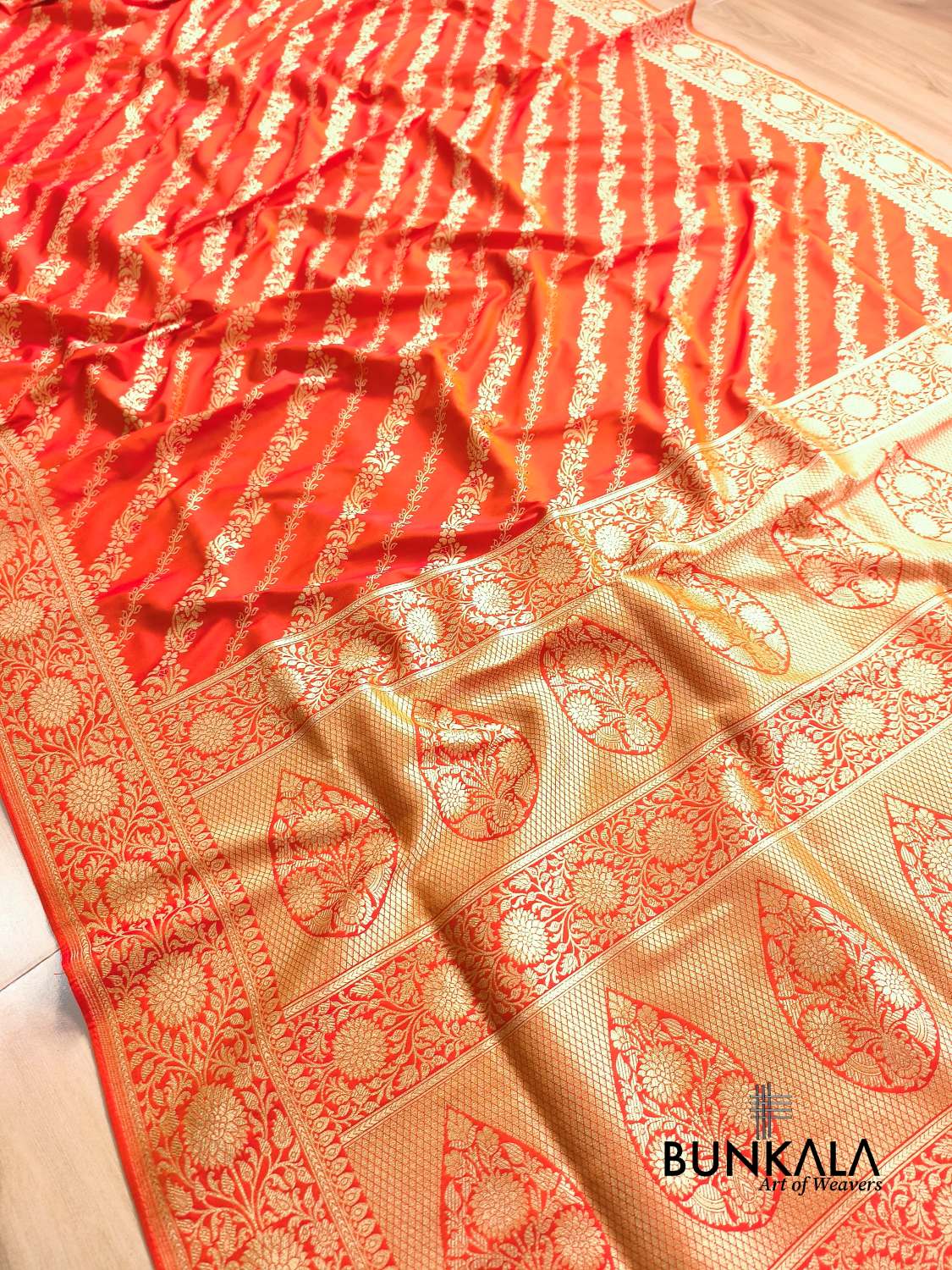 Orange Leheriya Meena Banarasi Silk Saree