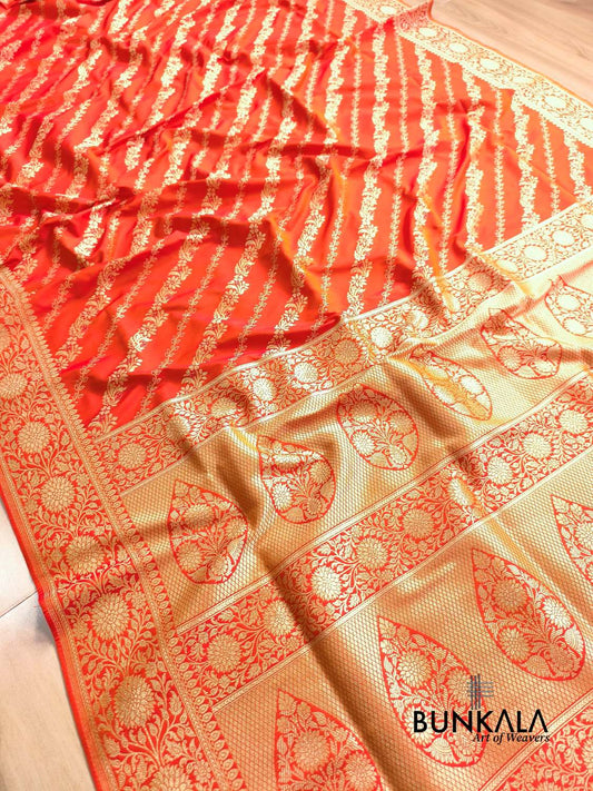 Orange Leheriya Meena Banarasi Silk Saree