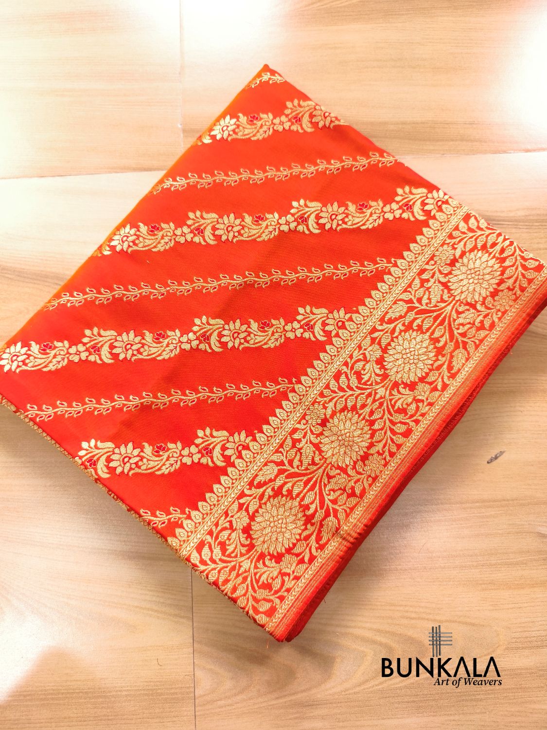 Orange Leheriya Meena Banarasi Silk Saree