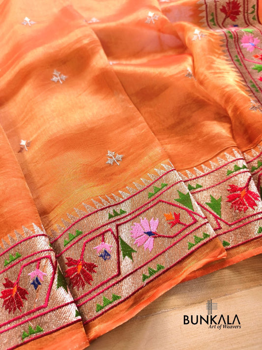 Orange Multicolour Paithani Border Banarasi Embroidery Tissue Silk Saree