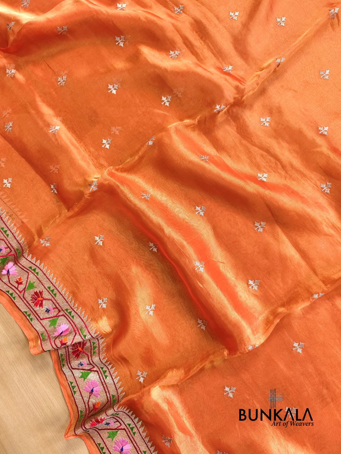 Orange Multicolour Paithani Border Banarasi Embroidery Tissue Silk Saree
