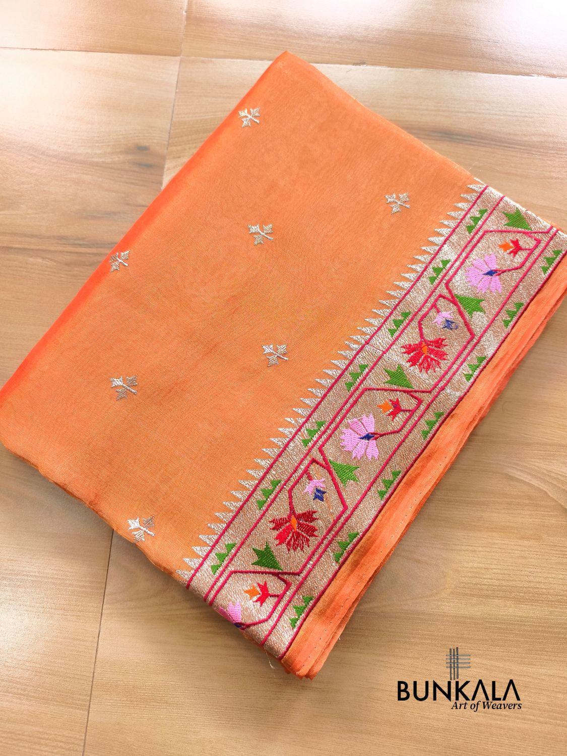 Orange Multicolour Paithani Border Banarasi Embroidery Tissue Silk Saree