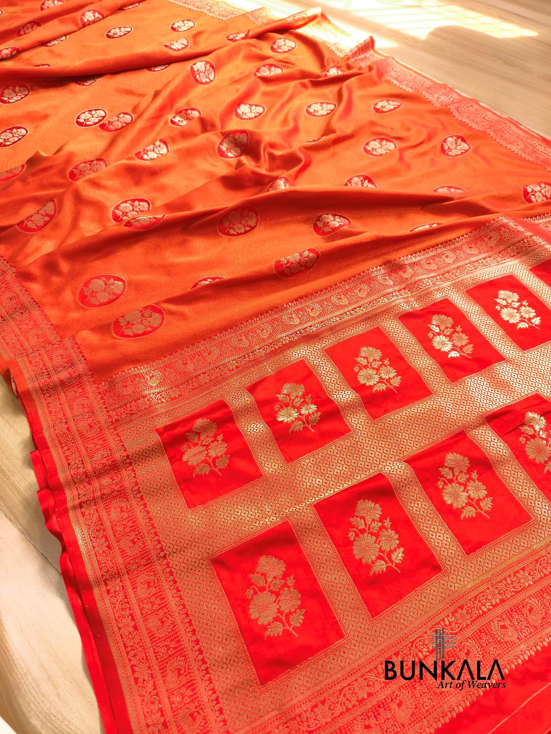 Orange Peacock Border Banarasi Mashru Silk Saree