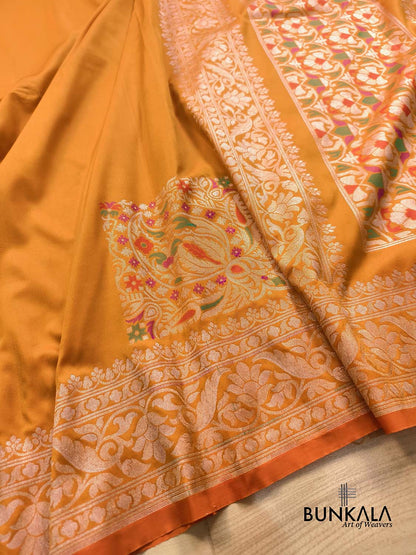 Orange Plain Ektara Banarasi Meena Jamdani Weaved Silk Saree
