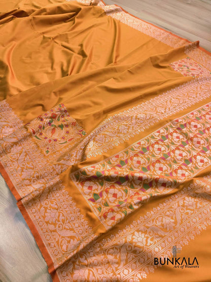 Orange Plain Ektara Banarasi Meena Jamdani Weaved Silk Saree
