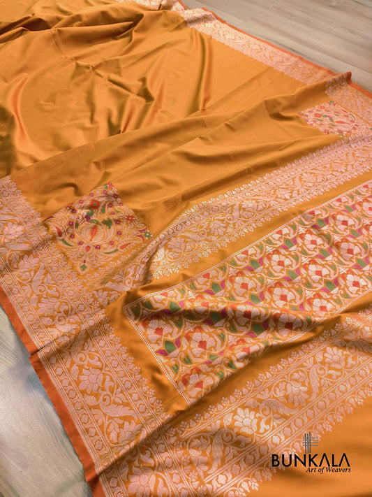 Orange Plain Ektara Banarasi Meena Jamdani Weaved Silk Saree
