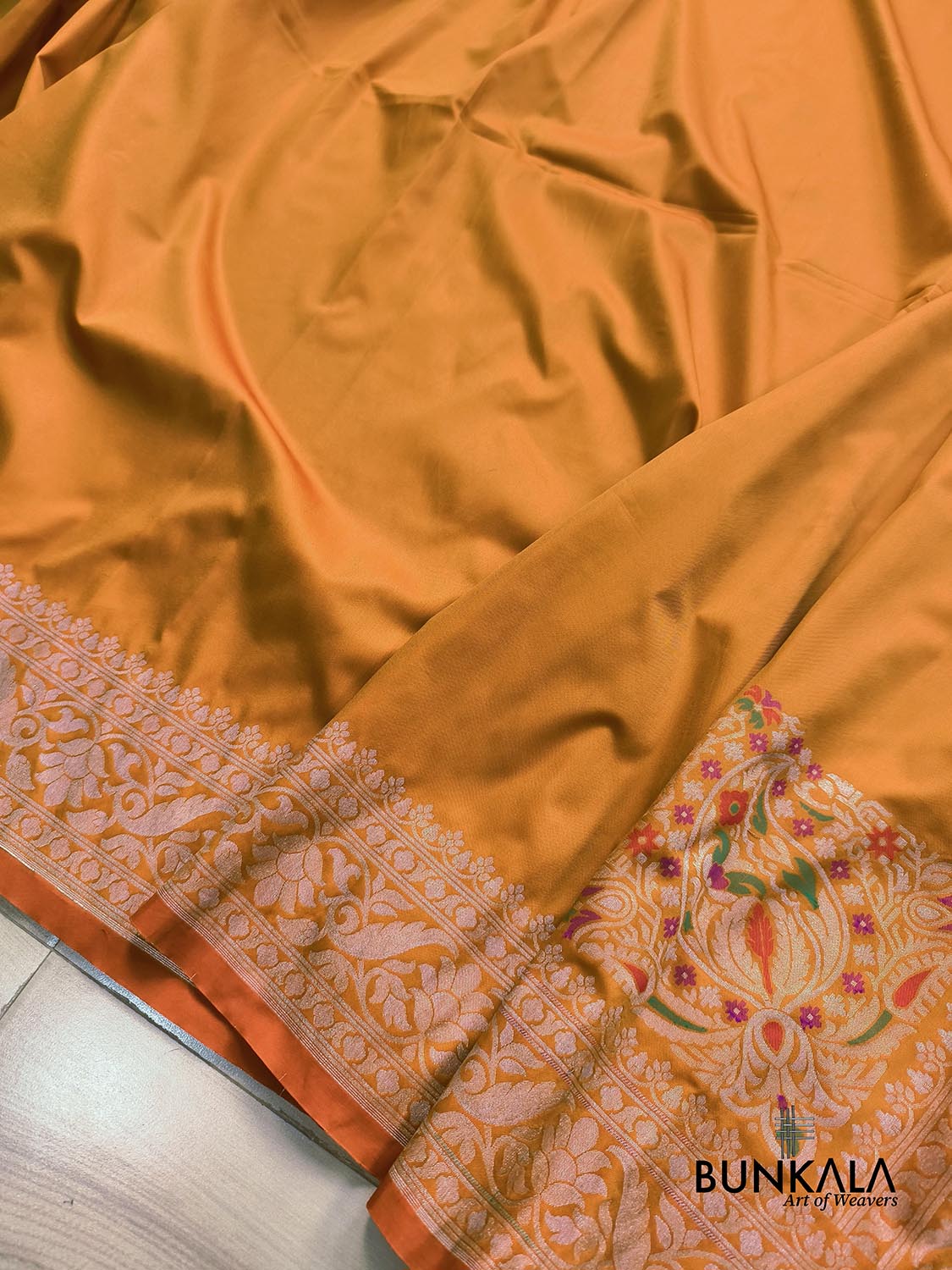 Orange Plain Ektara Banarasi Meena Jamdani Weaved Silk Saree