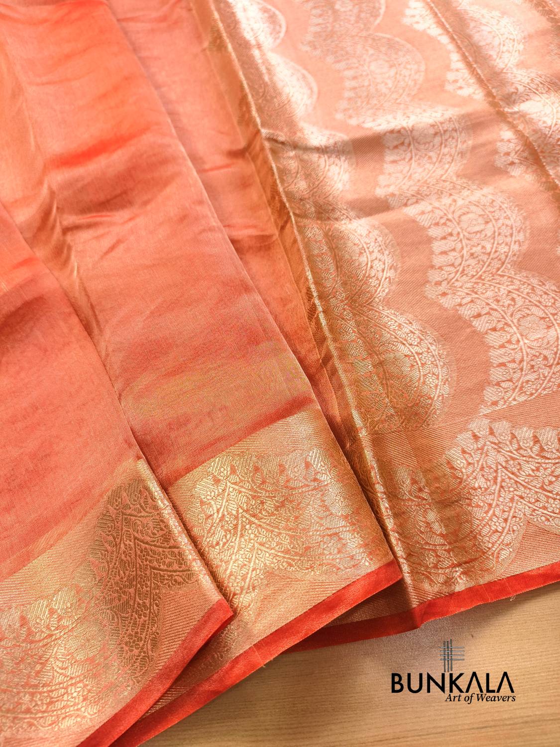 Orange Plain Handloom Banarasi Pure Tissue Silk Saree 