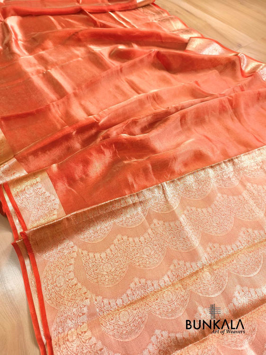 Orange Plain Handloom Banarasi Pure Tissue Silk Saree 