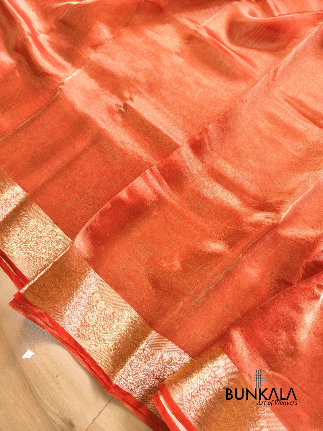 Orange Plain Handloom Banarasi Pure Tissue Silk Saree 