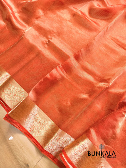 Orange Plain Handloom Banarasi Pure Tissue Silk Saree 