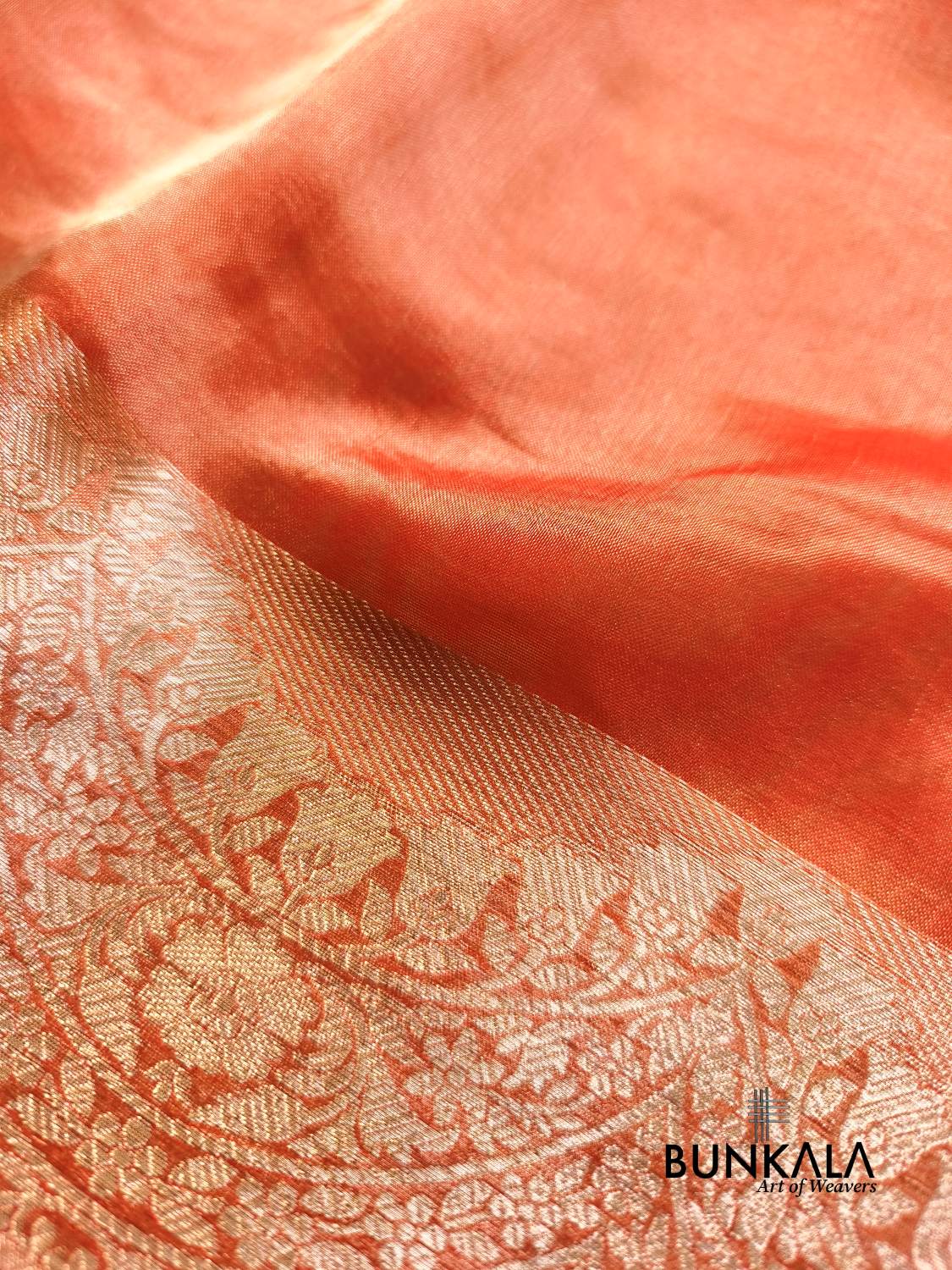Orange Plain Handloom Banarasi Pure Tissue Silk Saree 