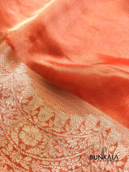 Orange Plain Handloom Banarasi Pure Tissue Silk Saree 