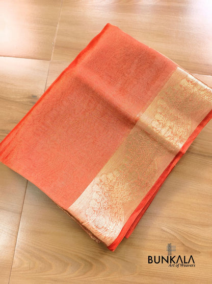 Orange Plain Handloom Banarasi Pure Tissue Silk Saree 
