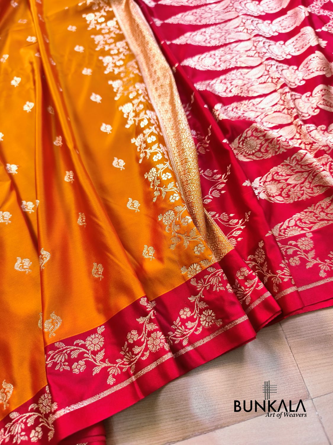 Orange with Red Contrast Buti Banarasi Mashru Silk Saree