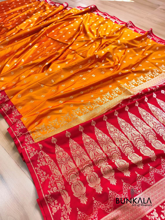 Orange with Red Contrast Buti Banarasi Mashru Silk Saree