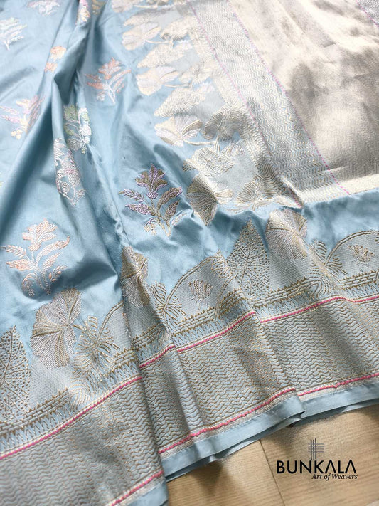 Pastel Blue Meenakari Buta Kadwa Handweaved Banarasi Pure Katan Silk Saree