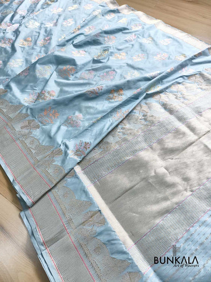 Pastel Blue Meenakari Buta Kadwa Handweaved Banarasi Pure Katan Silk Saree