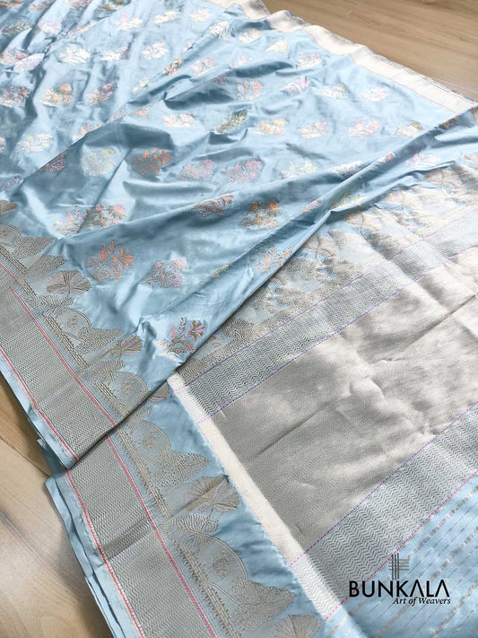 Pastel Blue Meenakari Buta Kadwa Handweaved Banarasi Pure Katan Silk Saree