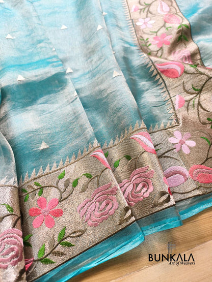 Pastel Blue Multicolour Paithani Border Banarasi Embroidery Tissue Silk Saree