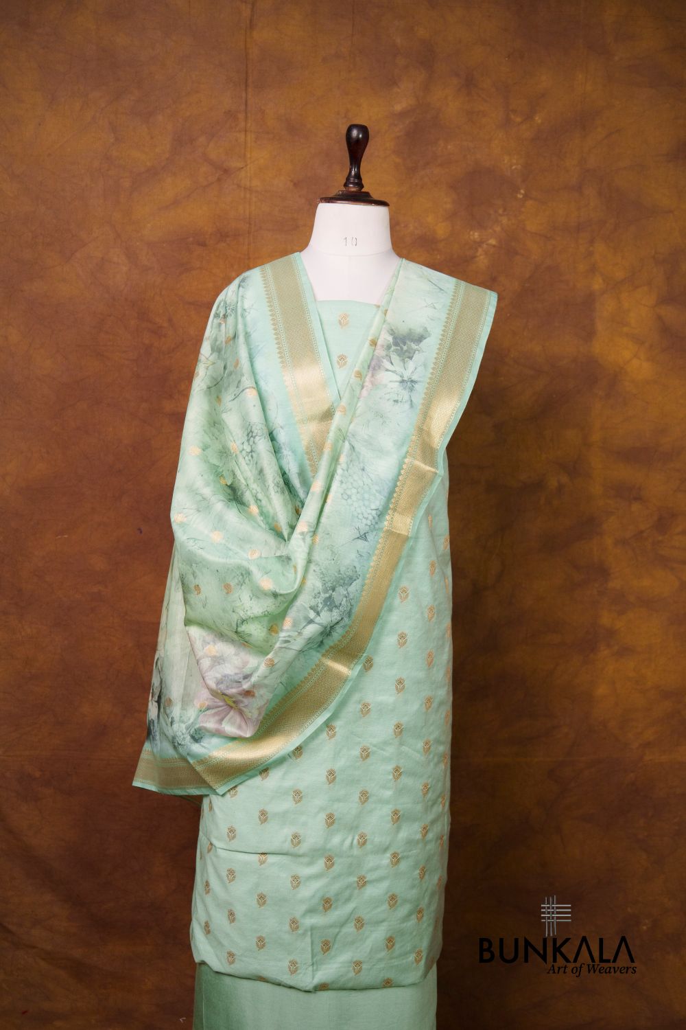 Pastel Green Buti Banarasi Pure Cotton Silk Unstitched Suit Set 