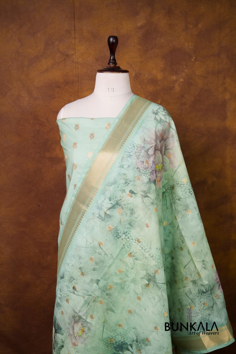 Pastel Green Buti Banarasi Pure Cotton Silk Unstitched Suit Set 