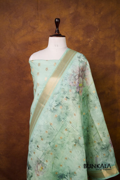 Pastel Green Buti Banarasi Pure Cotton Silk Unstitched Suit Set 