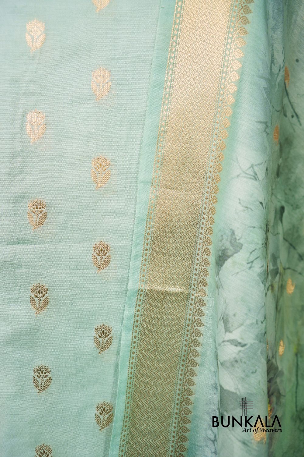 Pastel Green Buti Banarasi Pure Cotton Silk Unstitched Suit Set 