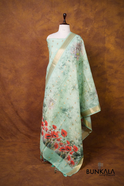 Pastel Green Buti Banarasi Pure Cotton Silk Unstitched Suit Set 