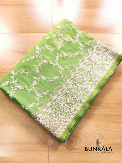 Pastel Green Floral Jaal Banarasi Mashru Silk Saree 