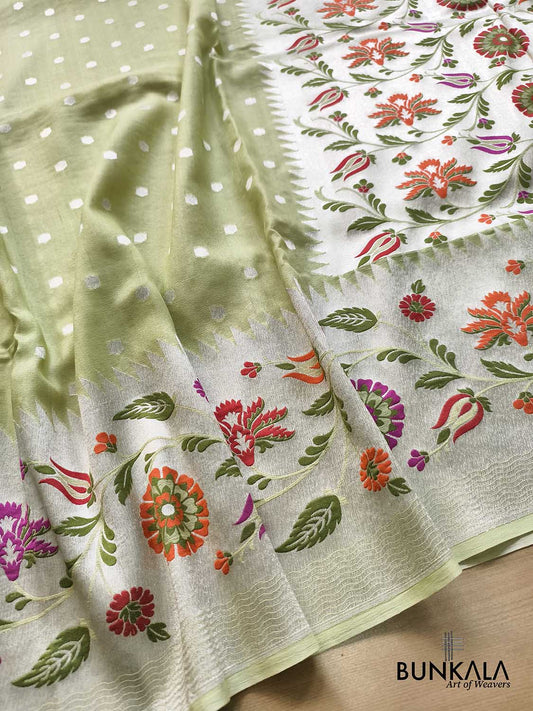 Pastel Green Silver Zari Meenakari Border Handloom Banarasi Pure Tussar Silk Saree