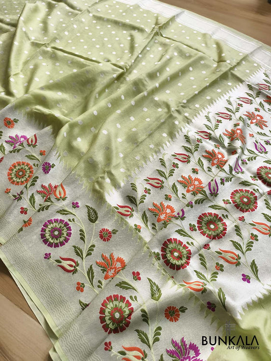 Pastel Green Silver Zari Meenakari Border Handloom Banarasi Pure Tussar Silk Saree