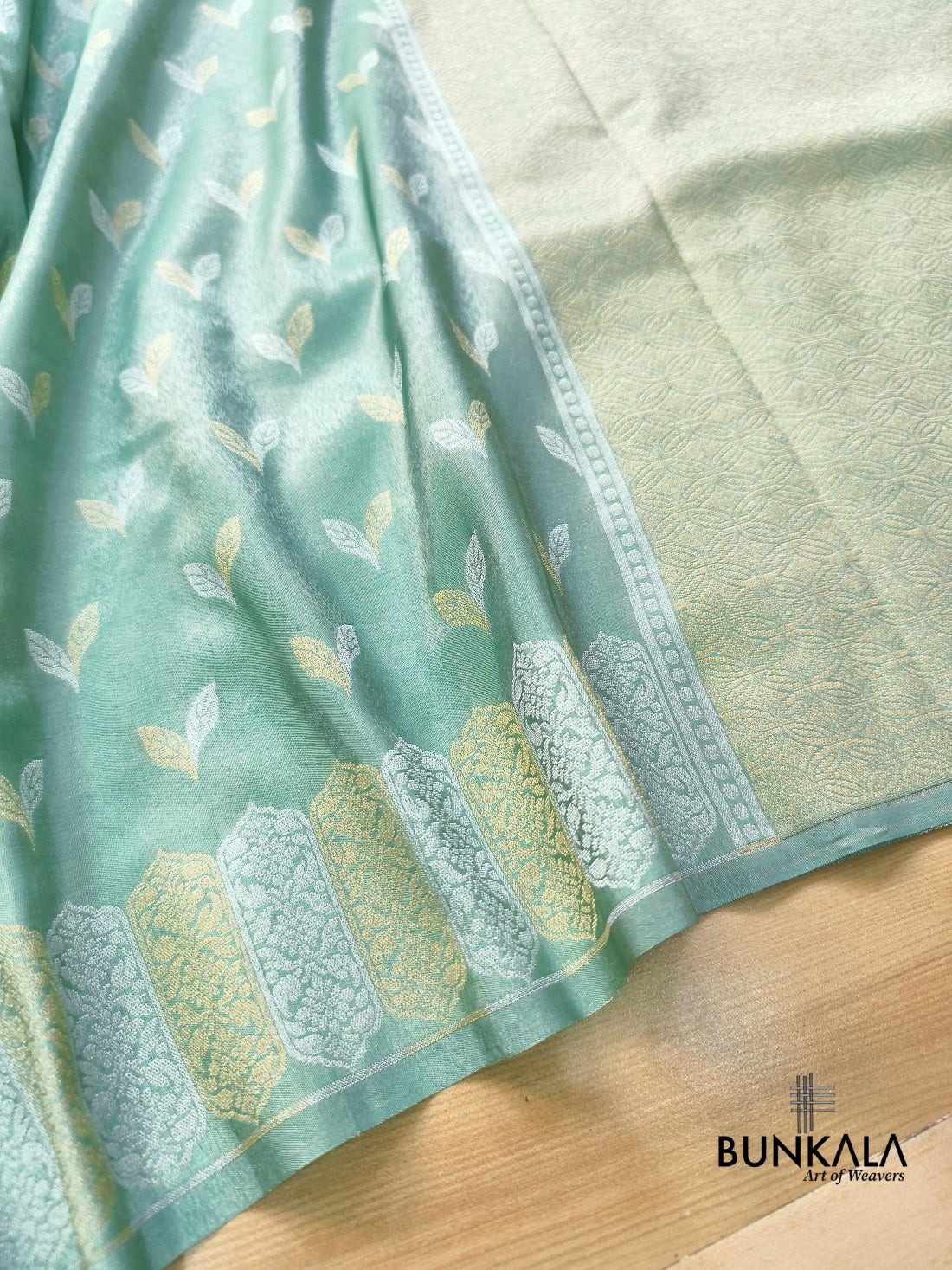 Pastel Greenish Blue Sona Rupa Leaf Buti Banarasi Tissue Silk Saree