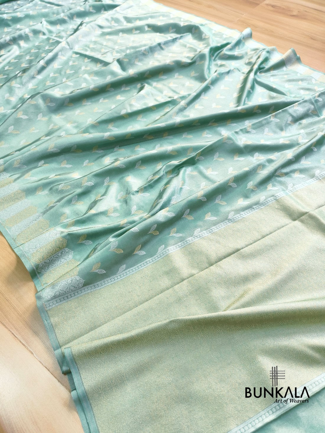 Pastel Greenish Blue Sona Rupa Leaf Buti Banarasi Tissue Silk Saree