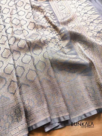 Pastel Grey Brocade Weaved Banarasi Mashru Silk Saree