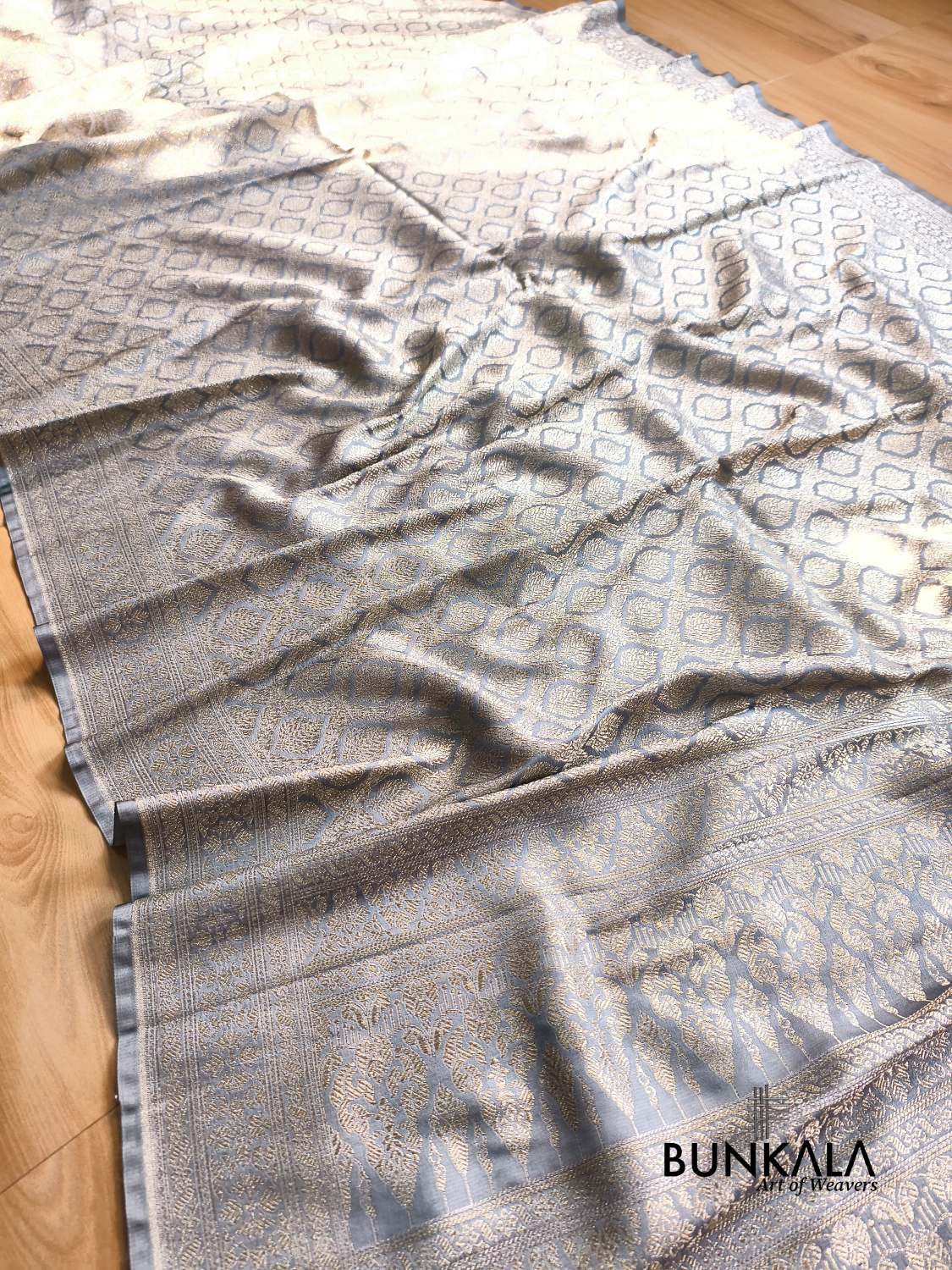 Pastel Grey Brocade Weaved Banarasi Mashru Silk Saree