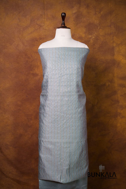 Pastel Grey Stripe Banarasi Pure Cotton Silk Unstitched Suit Set
