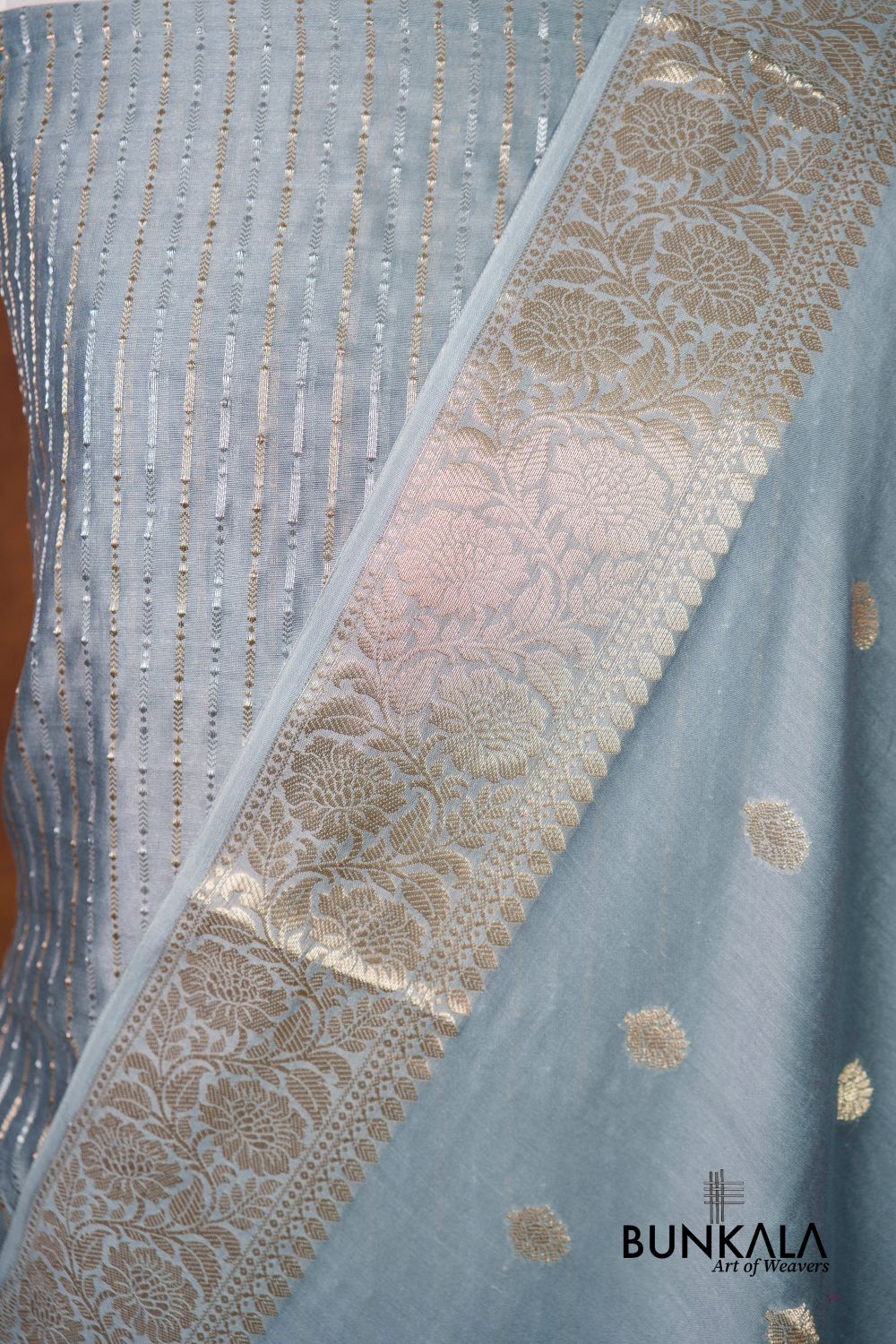 Pastel Grey Stripe Banarasi Pure Cotton Silk Unstitched Suit Set