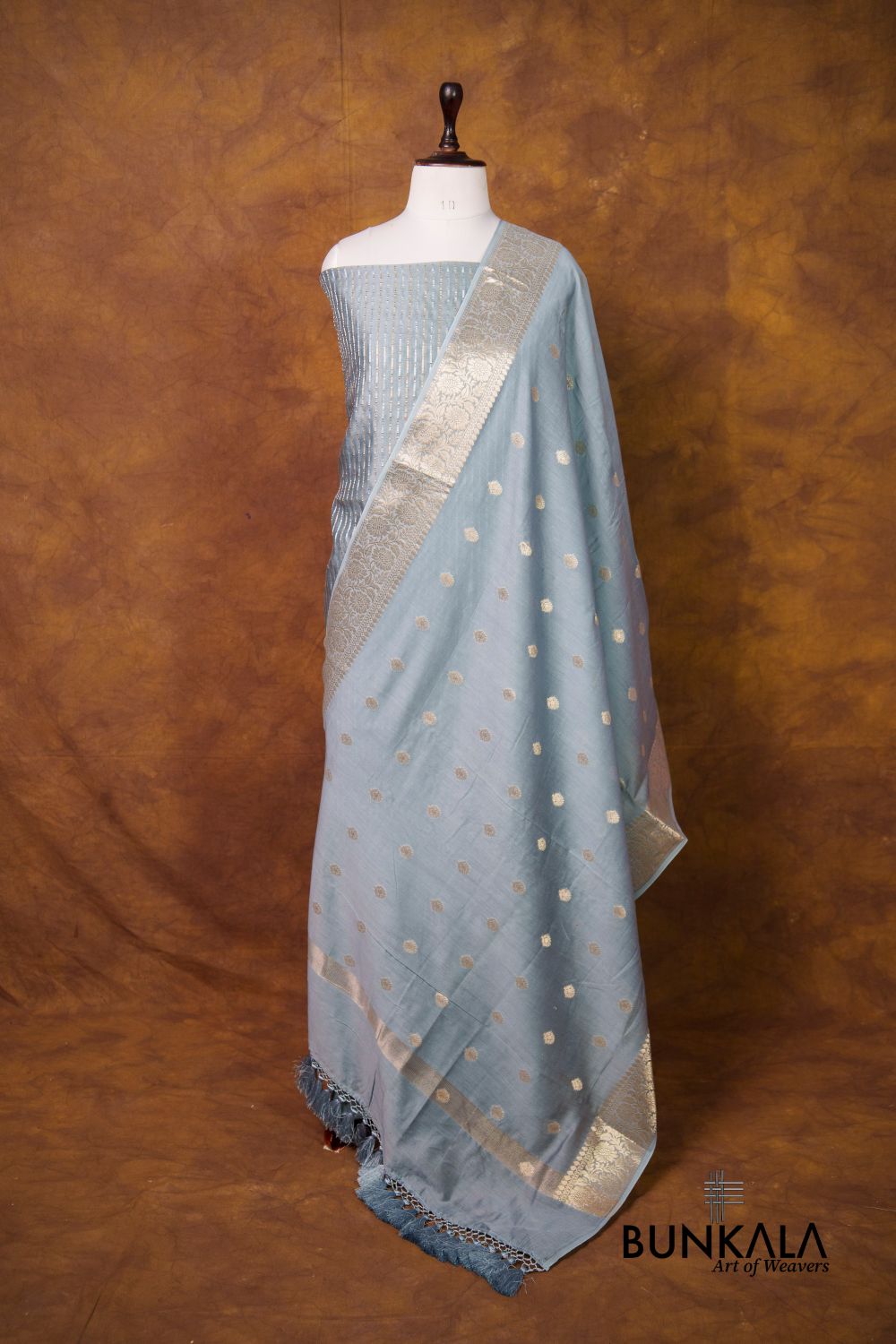 Pastel Grey Stripe Banarasi Pure Cotton Silk Unstitched Suit Set