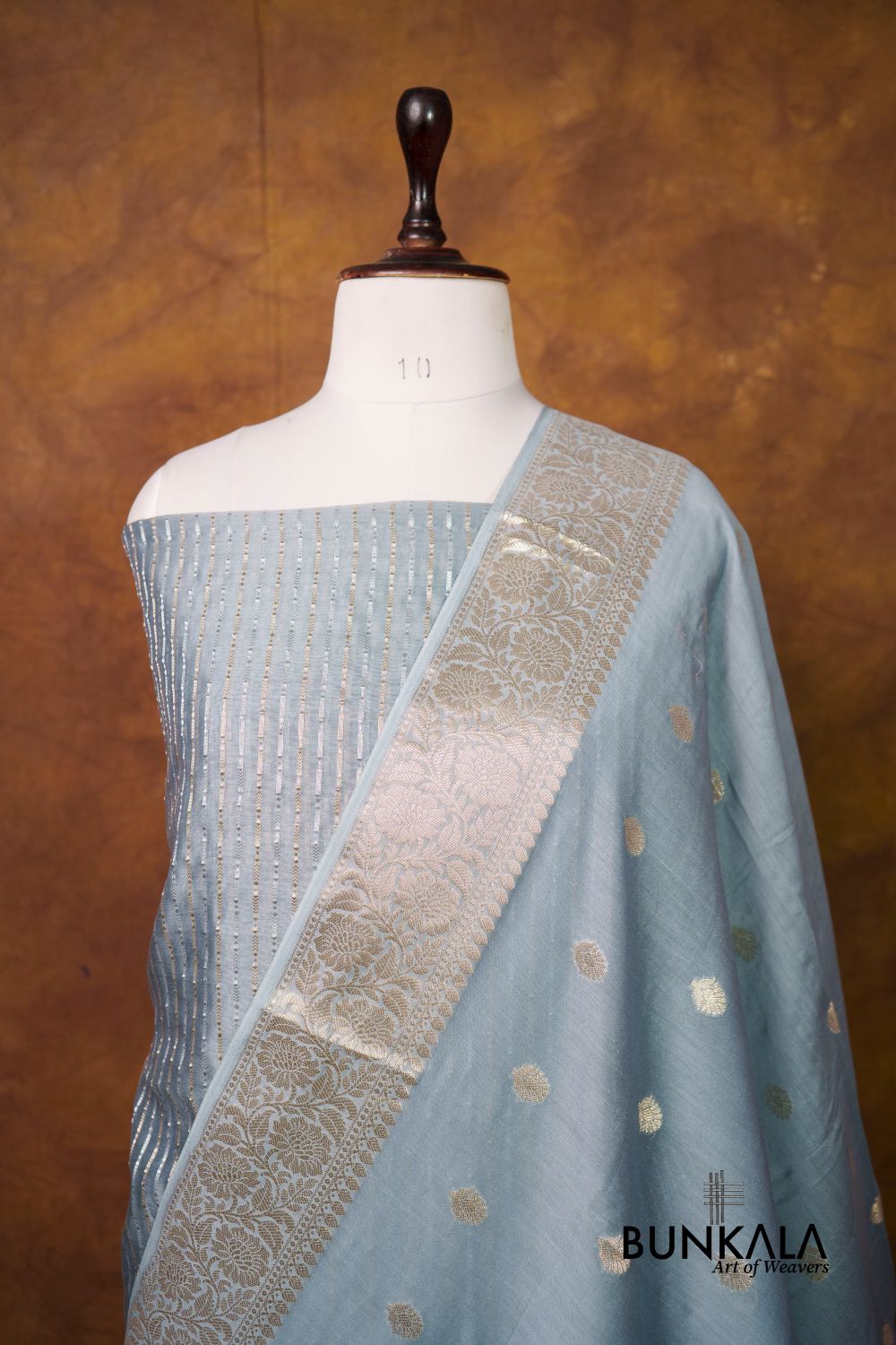 Pastel Grey Stripe Banarasi Pure Cotton Silk Unstitched Suit Set