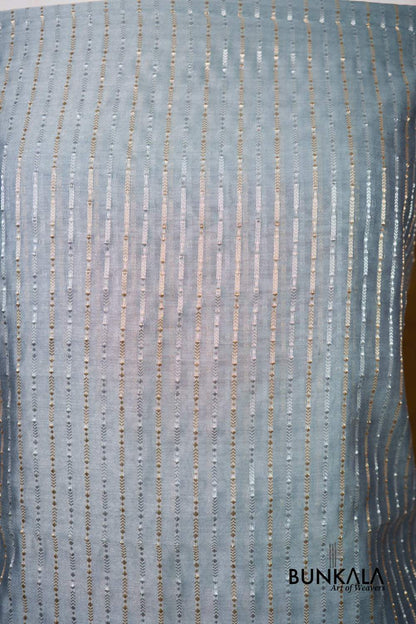 Pastel Grey Stripe Banarasi Pure Cotton Silk Unstitched Suit Set