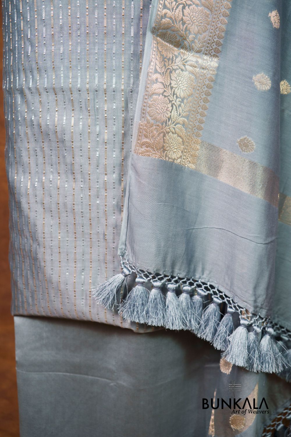 Pastel Grey Stripe Banarasi Pure Cotton Silk Unstitched Suit Set