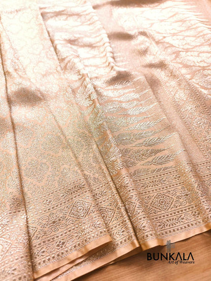 Pastel Nude Beige Brocade Weaved Banarasi Mashru Silk Saree