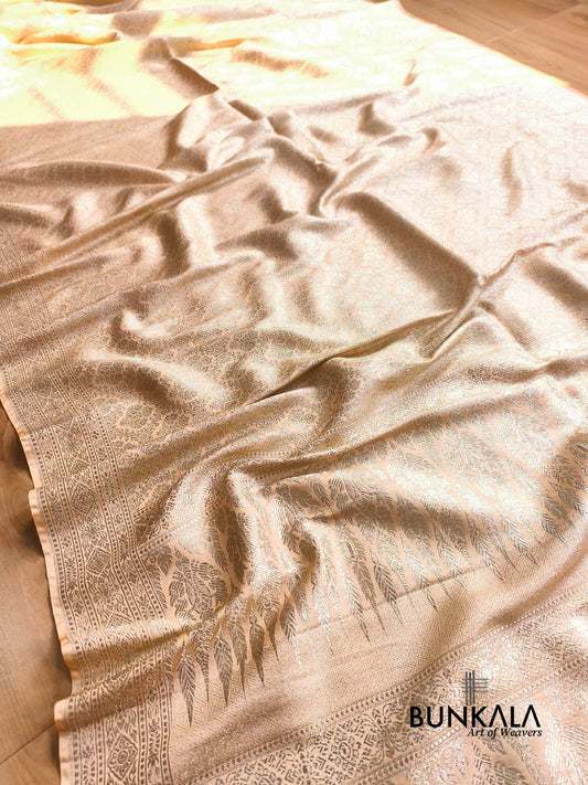 Pastel Nude Beige Brocade Weaved Banarasi Mashru Silk Saree