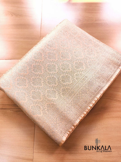 Pastel Nude Beige Brocade Weaved Banarasi Mashru Silk Saree