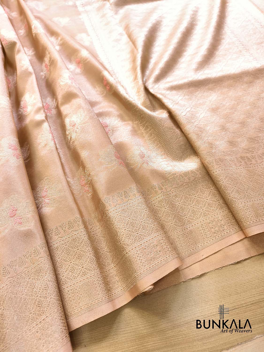 Pastel Peach Meena Buta Banarasi Tissue Silk Saree